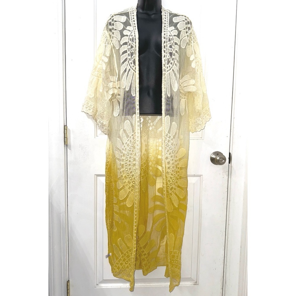 Beautiful yellow and white Ombre embroidered lace kimono duster/coverup